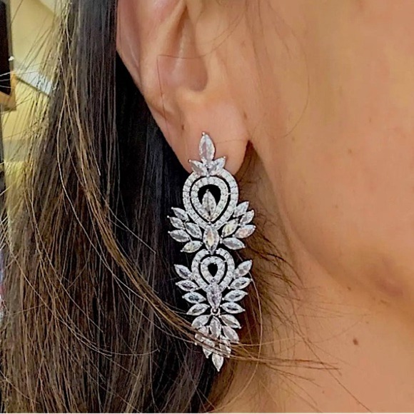 Silver Cubic Zirconia Wedding Earrings, Bridal, Dangle, Anniversary - Picture 4 of 12